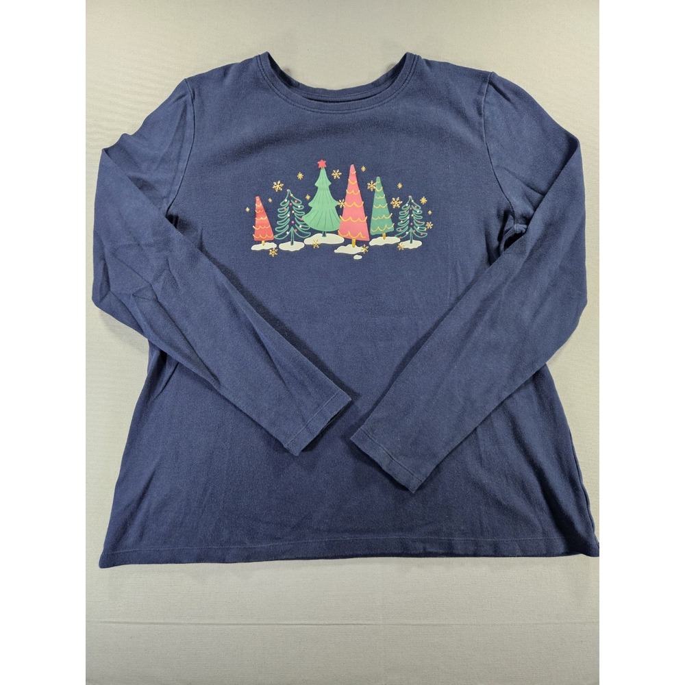 Kim Rogers Christmas Trees Graphic Long Sleeve Shirt Navy Blue Holiday Womens L